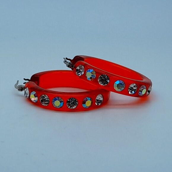 chunky red color Lucite Acrylic wide 1.5 Hoop Latch Back Fashion Earrings - Picture 3 of 3